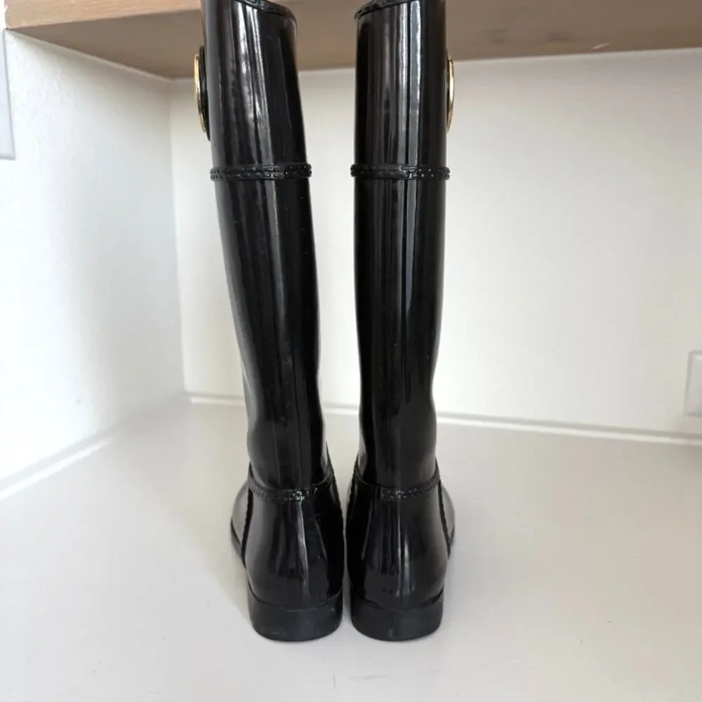 MICHAEL KORS Rain Boots Black Logo Knee High Waterproof Glossy Pull On‎ Size 7